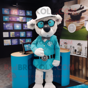 Turquoise Sheep mascot costume character dressed with a Suit and Hat pins