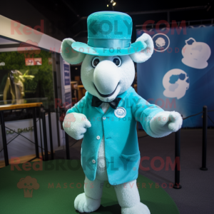 Turquoise Sheep mascot costume character dressed with a Suit and Hat pins