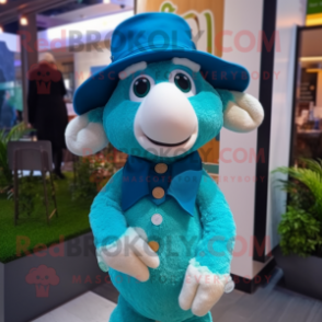 Turquoise Sheep mascot costume character dressed with a Suit and Hat pins