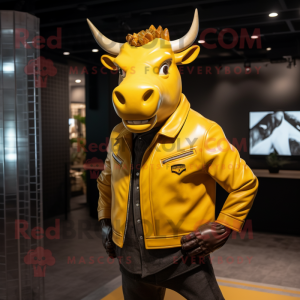 Yellow Bull mascot costume character dressed with a Leather Jacket and Pocket squares