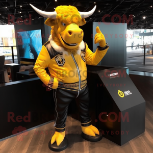 Yellow Bull mascot costume character dressed with a Leather Jacket and Pocket squares