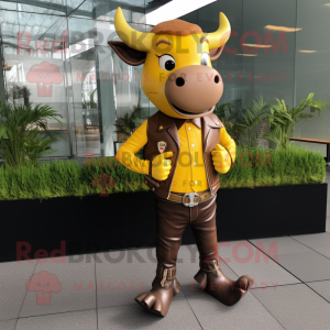 Yellow Bull mascot costume character dressed with a Leather Jacket and Pocket squares