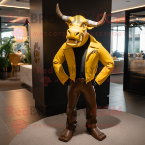 Yellow Bull mascot costume character dressed with a Leather Jacket and Pocket squares