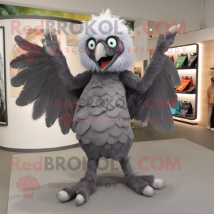 Gray Harpy mascot costume character dressed with a Romper and Shoe clips