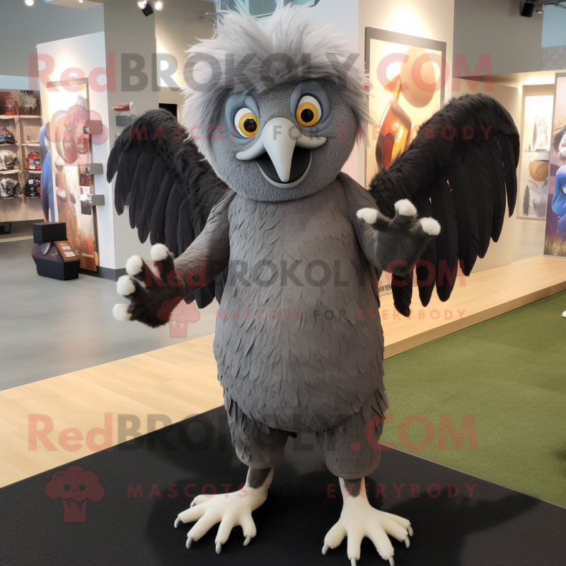 Gray Harpy mascot costume character dressed with a Romper and Shoe clips
