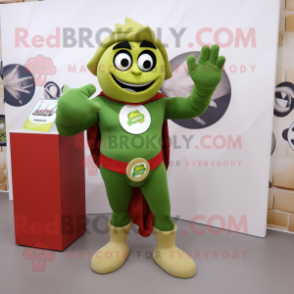 Olive Superhero mascot costume character dressed with a Chinos and Rings