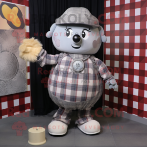 Gray Human Cannon Ball mascot costume character dressed with a Flannel Shirt and Coin purses