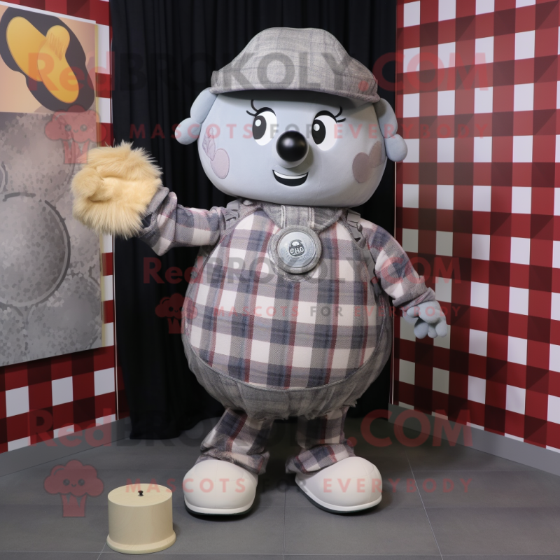 Gray Human Cannon Ball mascot costume character dressed with a Flannel Shirt and Coin purses Gray Human Cannon Ball mascot costume character dressed with a Flannel Shirt and Coin purses