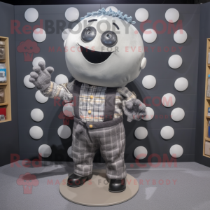 Gray Human Cannon Ball mascot costume character dressed with a Flannel Shirt and Coin purses