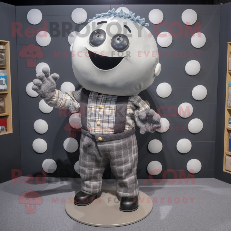 Gray Human Cannon Ball mascot costume character dressed with a Flannel Shirt and Coin purses Gray Human Cannon Ball mascot costume character dressed with a Flannel Shirt and Coin purses