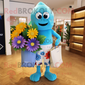 Sky Blue Bouquet Of Flowers mascot costume character dressed with a Swimwear and Tote bags