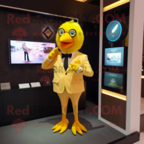 Peach Canary mascot costume character dressed with a Suit and Digital watches