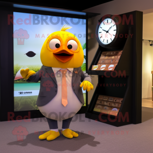 Peach Canary mascot costume character dressed with a Suit and Digital watches