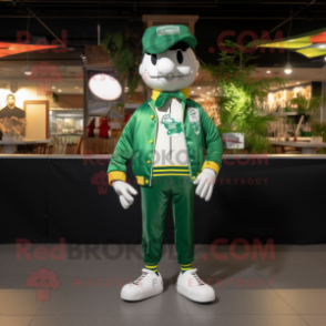 Green Steak mascot costume character dressed with a Bomber Jacket and Pocket squares