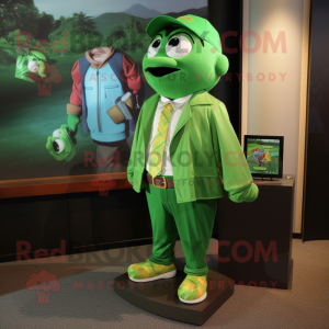 Green Steak mascot costume character dressed with a Bomber Jacket and Pocket squares