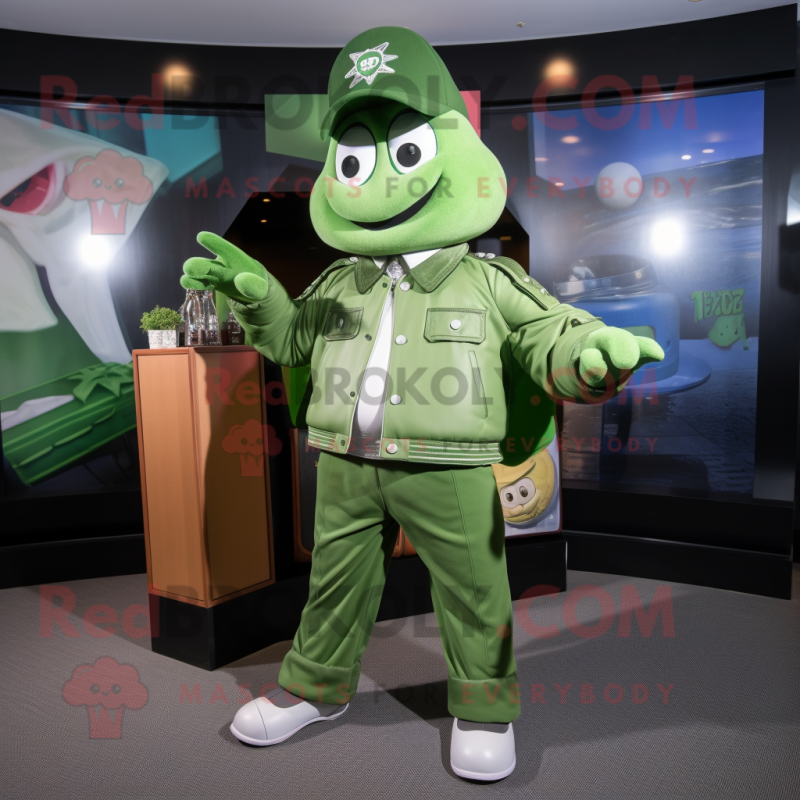 Green Steak mascot costume character dressed with a Bomber Jacket and Pocket squares