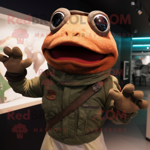 Rust Frog mascot costume character dressed with a Bomber Jacket and Scarves