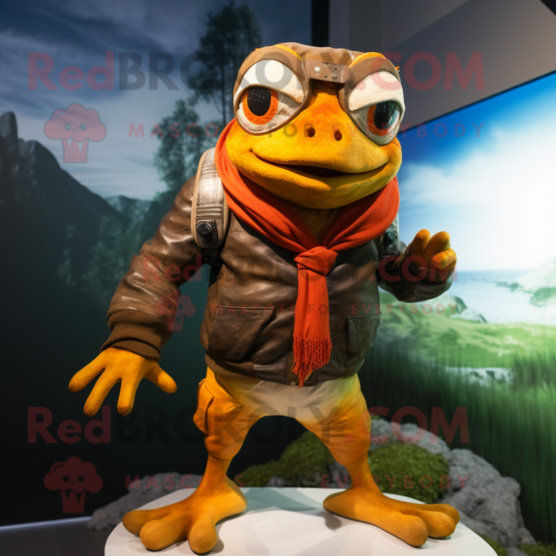 Rust Frog mascot costume character dressed with a Bomber Jacket and Scarves