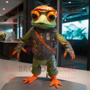 Rust Frog mascot costume character dressed with a Bomber Jacket and Scarves