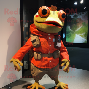 Rust Frog mascot costume character dressed with a Bomber Jacket and Scarves
