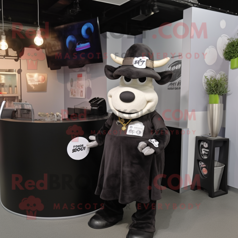 Black Beef Stroganoff mascot costume character dressed with a Wrap Skirt and Keychains Black Beef Stroganoff mascot costume character dressed with a Wrap Skirt and Keychains