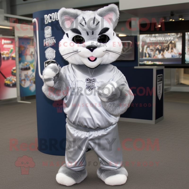 Silver Bobcat mascot costume character dressed with a Cover-up and Headbands