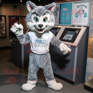 Silver Bobcat mascot costume character dressed with a Cover-up and Headbands