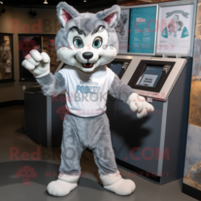Silver Bobcat mascot costume character dressed with a Cover-up and Headbands