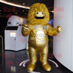 Gold Astronaut mascot costume character dressed with a Cover-up and Hair clips