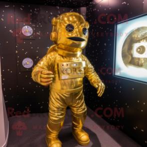 Gold Astronaut mascot costume character dressed with a Cover-up and Hair clips