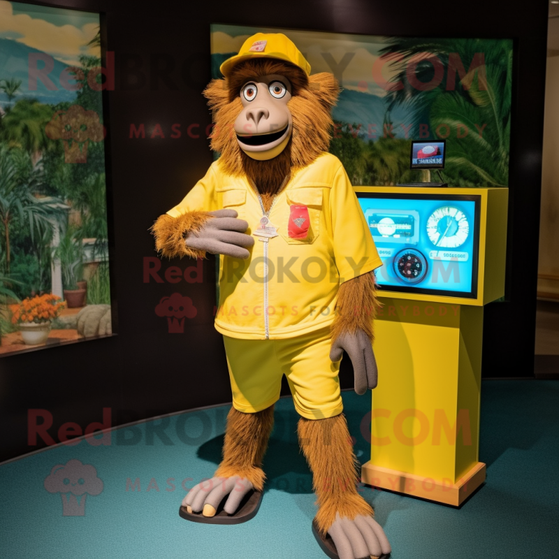 Yellow Baboon mascot costume character dressed with a Bermuda Shorts and Bracelet watches
