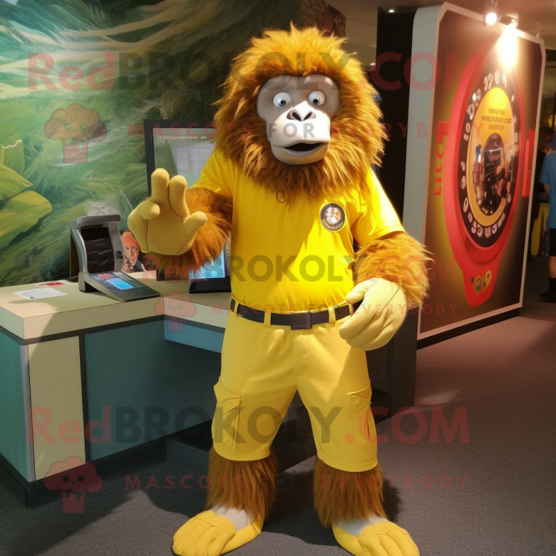 Yellow Baboon mascot costume character dressed with a Bermuda Shorts and Bracelet watches