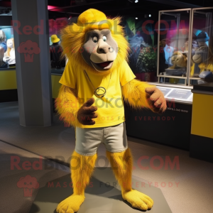 Yellow Baboon mascot costume character dressed with a Bermuda Shorts and Bracelet watches