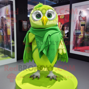 Lime Green Owl mascot costume character dressed with a Mini Skirt and Scarf clips