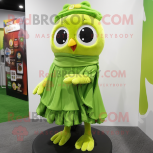 Lime Green Owl mascot costume character dressed with a Mini Skirt and Scarf clips