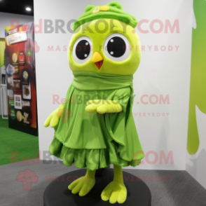 Lime Green Owl mascot costume character dressed with a Mini Skirt and Scarf clips