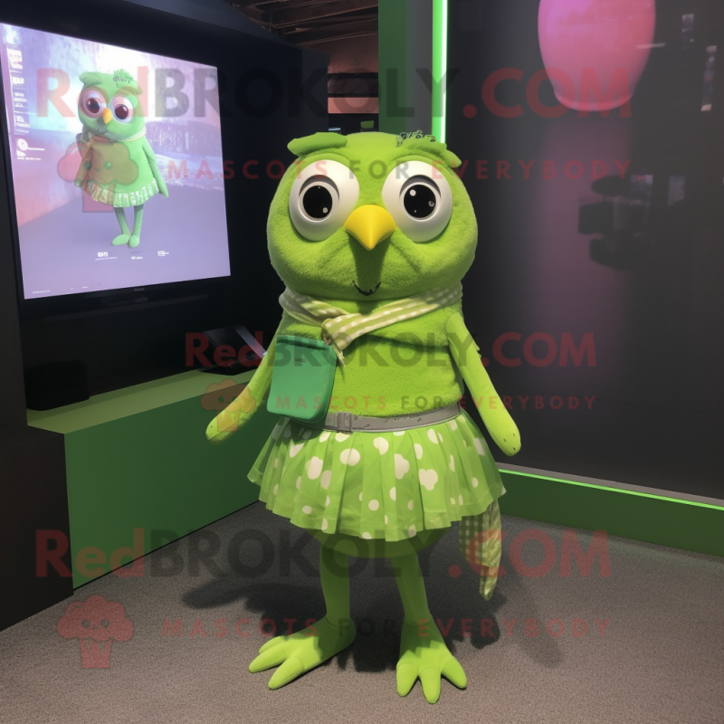 Lime Green Owl mascot costume character dressed with a Mini Skirt and Scarf clips