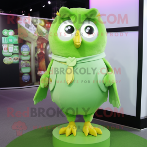 Lime Green Owl mascot costume character dressed with a Mini Skirt and Scarf clips