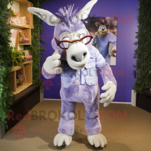 Lavender Donkey mascot costume character dressed with a Trousers and Eyeglasses