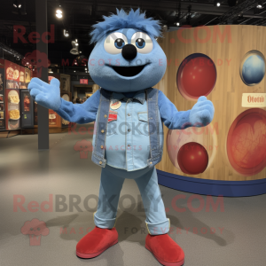 Blue Meatballs mascot costume character dressed with a Denim Shirt and Lapel pins