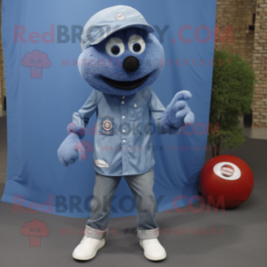 Blue Meatballs mascot costume character dressed with a Denim Shirt and Lapel pins