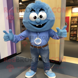 Blue Meatballs mascot costume character dressed with a Denim Shirt and Lapel pins