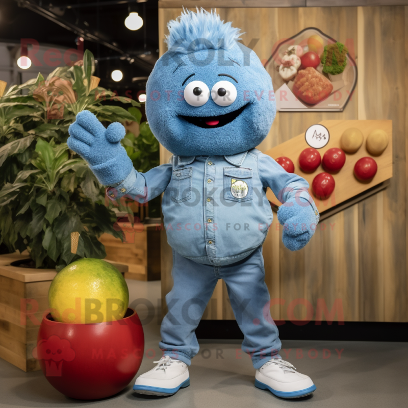 Blue Meatballs mascot costume character dressed with a Denim Shirt and Lapel pins