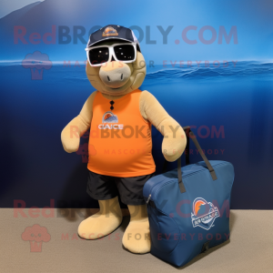 Orange Navy Seal mascot costume character dressed with a Bikini and Tote bags