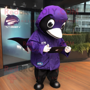 Purple Killer Whale mascot costume character dressed with a Raincoat and Digital watches