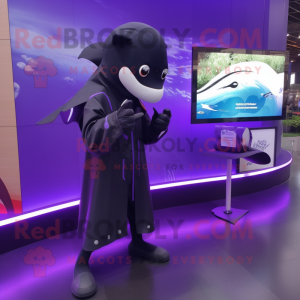 Purple Killer Whale mascot costume character dressed with a Raincoat and Digital watches