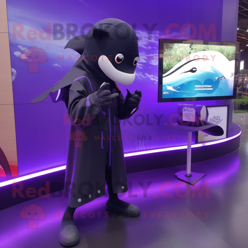 Purple Killer Whale mascot costume character dressed with a Raincoat and Digital watches Purple Killer Whale mascot costume character dressed with a Raincoat and Digital watches
