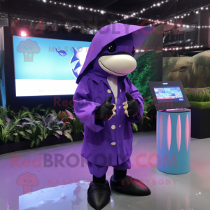 Purple Killer Whale mascot costume character dressed with a Raincoat and Digital watches