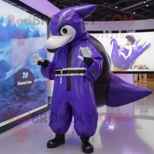 Purple Killer Whale mascot costume character dressed with a Raincoat and Digital watches