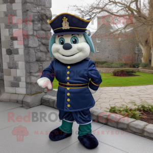 Navy Irish Castle mascot costume character dressed with a Hoodie and Foot pads